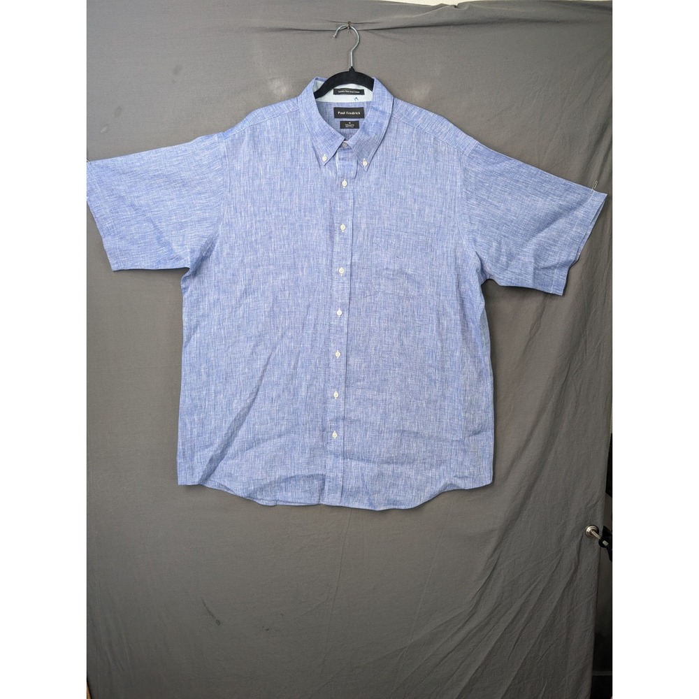 Paul Fredrick Mens Blue Non-Iron Linen Short Sleeve Button Down Shirt 18‎